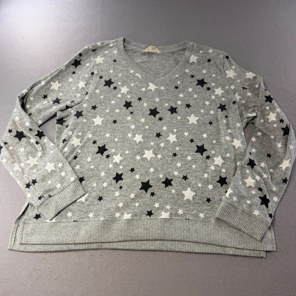 Lucky Brand V-Neck Sweater Women XL Gray Star Print Celestial Long Sleeve Knit